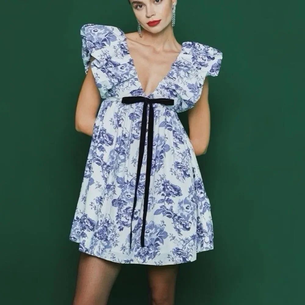 O.P.T Blue Floral Ruffle Mini Dress Cotton Lined Deep V Bow Detail Size XS